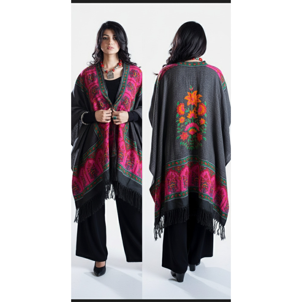 100% Wool Kimono Shawl large cape, fringed Ethno-Chic, Boho, Artisanal Heritage